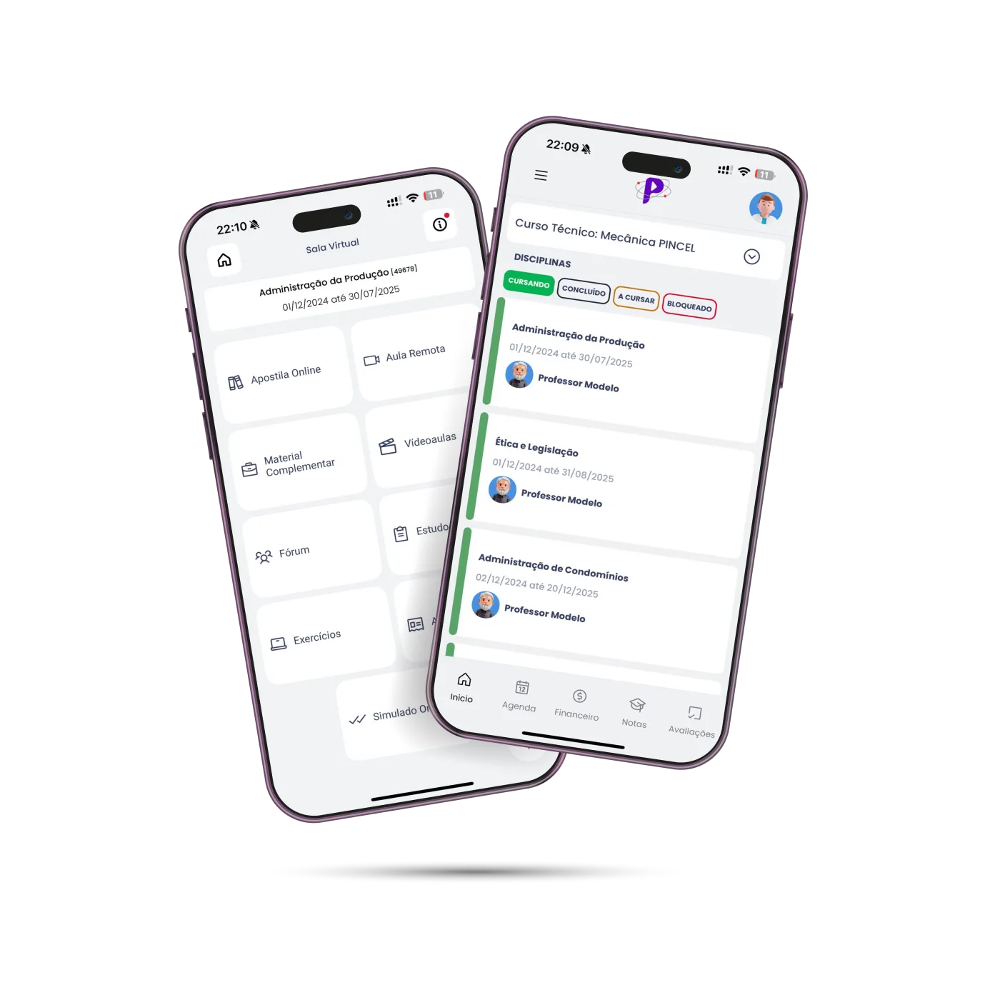 Telas da sala virtual do Pincel Atômico no celular: menu da disciplina e lista de disciplinas do curso