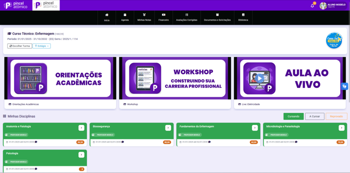 Página inicial do portal do aluno com disciplinas, notas e comunicados da instituição