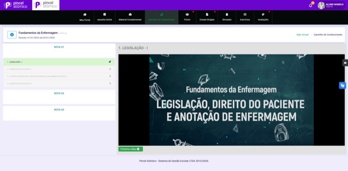 Caminho do Conhecimento com rotas de videoaulas organizadas por tema e vídeo em reprodução