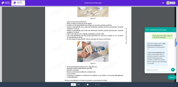 Tutor de Inteligência Artificial dentro da apostila online, respondendo dúvida do aluno sobre o conteúdo